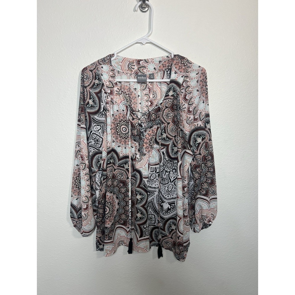 New York & Company SoHo Jeans Boho Lace Up V Neck Office Wear Blouse XL Pink - Picture 1 of 6